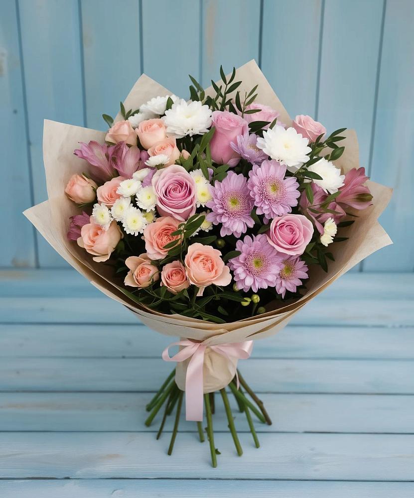 Букет цветов из: Хризантемы, Розы и Альстромерии в Бохане
