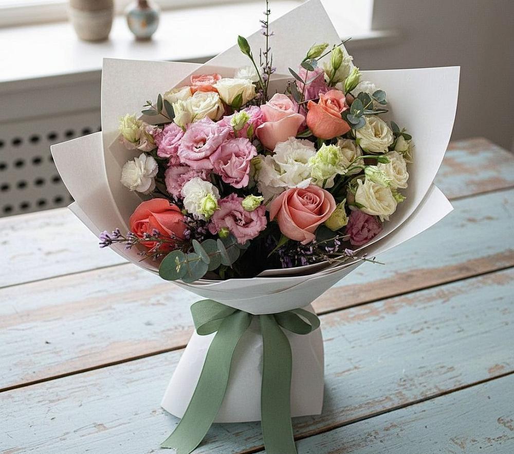 Букет цветов из: Розы, Лизиантусы и Гвоздики в Бохане