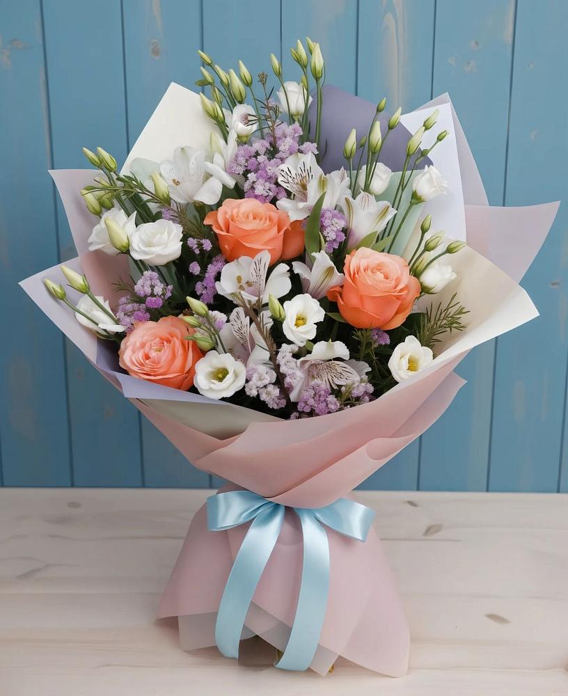 Букет цветов из: Лизиантусы, Розы, Альстромерии и Гипсофила в Бохане