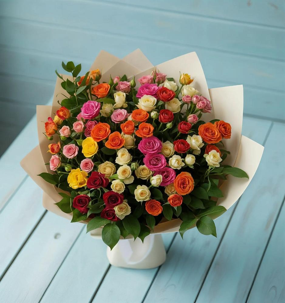 Букет Микс из разноцветных кустовых роз в Бохане
