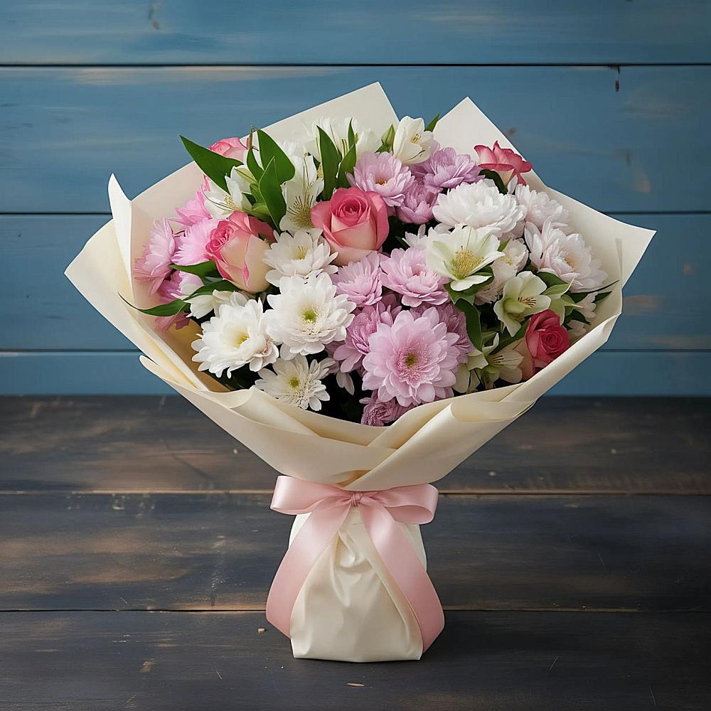 Букет цветов из: Хризантемы, Альстромерии и Розы в Бохане